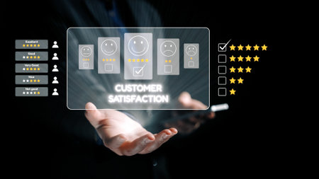 Digital representation of customer satisfaction with ratings and feedback. A hand presents an interactive interface of smiley faces signaling user experience and emotions.の写真素材