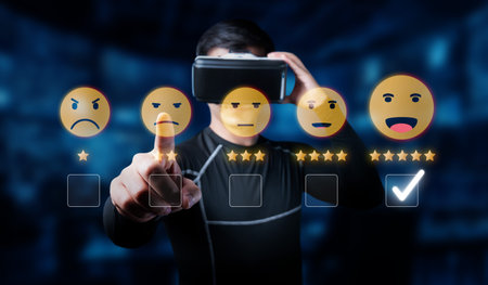 A man engages with a virtual reality interface to provide feedback on service experiences, highlighting modern methods of capturing customer satisfaction in business.の写真素材
