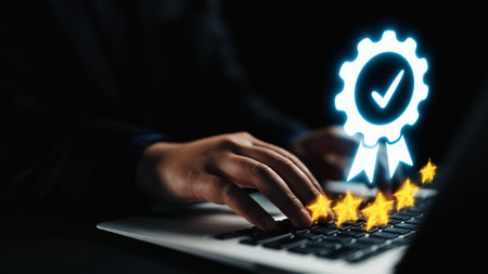 A close-up of hands typing on a laptop, complemented by a glowing certification badge and stars,...