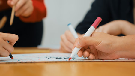 Close up of skilled business people hand brainstorming, working together, discussing about marketing idea by using mind map and colorful marker at meeting table. Focus on hand. Immaculate.の写真素材