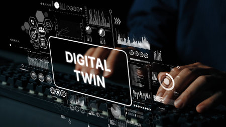 Hands Typing on Keyboard with Digital Twin Concept in Futuristic Data Environment. Asymptotic smart data analytic.の写真素材