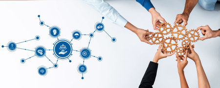 A visual representation of diverse individuals collaborating to uphold ethics and justice,...