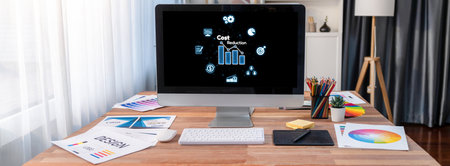 Cost reduction, cost saving concept shown on computer screen brisk, corporate business efficiently...