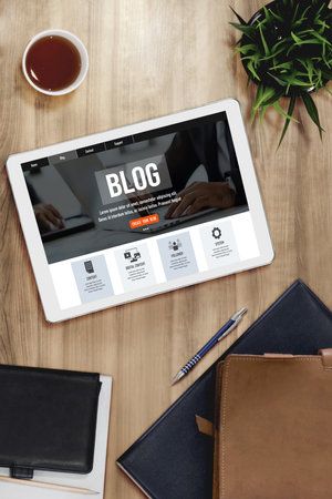 blogging concept, web blog Social Media Information network snugly. social media online content, freelance worker, working online, content creator, blogger, website, reading blog online on computerの写真素材