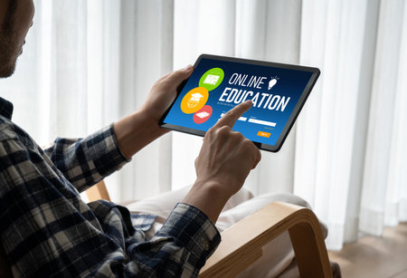 E-learning website with modish sofware for student to study online on the internet networkの写真素材