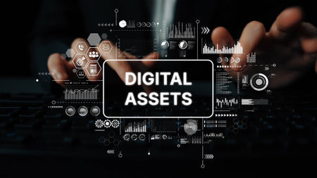 Hands Typing on Keyboard with Digital Assets Interface Showing Charts and Graphs in a Modern Workspace Environment. Asymptotic smart data analytic.の写真素材