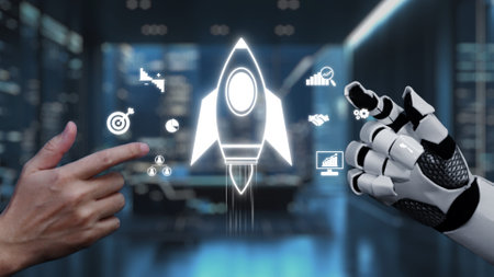 A human hand and a robotic hand interact with rocket launch icons, symbolizing innovation and technological advancement in a modern office setting.の写真素材