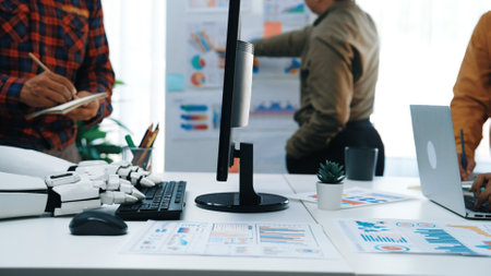 A dynamic office scene showcasing teamwork and technology with a robotic arm, charts, and computers,...