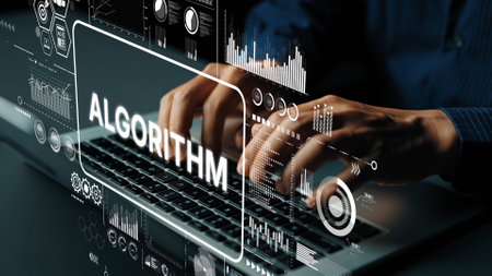Hands of a person typing on a laptop showing digital elements and algorithms in a modern workspace...