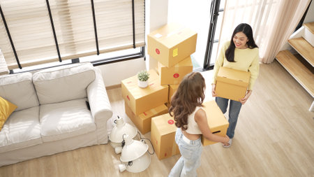 Couple of woman carrying box and arriving at new house at moving day. Top view of beautiful girl and...
