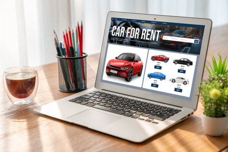 car rental website on computer screen for tourist to rent a car for transportation snuglyの写真素材