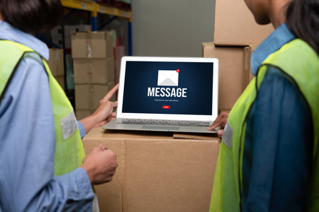 Email notification message showing on computer screen snugly. Digital marketing message information...