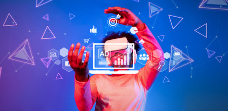 A person interacts with virtual reality elements to explore innovative marketing tactics in the...