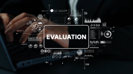 Hands typing on laptop with digital evaluation dashboard showing charts and data analytics in a...