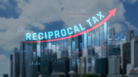 Modern City Skyline with Digital Representation of Reciprocal Tax Trends and Financial Growth in the Background.の写真素材