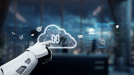 A robotic hand points toward a glowing cloud symbol representing data exchange. The image captures a...