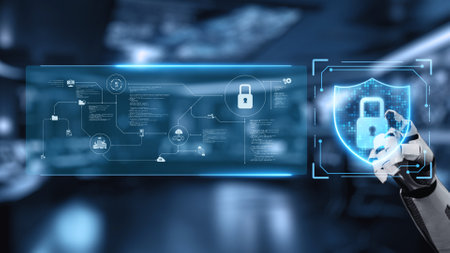 A futuristic image depicting a robot hand protecting a digital lock and data, symbolizing...