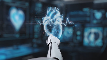 Close up of robotic hand pointing and clicking at heart holographic to access medical data or diagnosis symptom. Robotic hand checking at heart simulation while using AI analyzing symptom. Salubrious.の写真素材