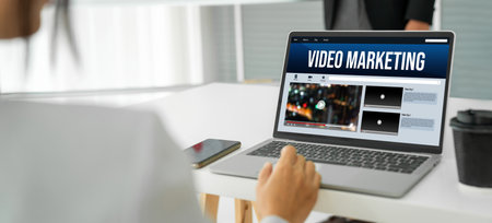 Video Marketing Concept on Laptop Screen. Video Marketing Advertising Business on Social Media and Internet Network Technology Conceptの写真素材