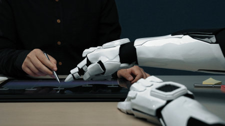 A human and a robotic hand work together on a digital tablet, highlighting the partnership between technology and creativity in modern design processes.の写真素材
