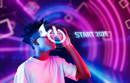 A young individual wearing a virtual reality headset prepares to start 2026 by setting goals and...