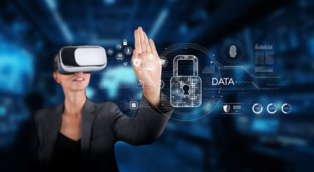 A woman uses virtual reality technology to explore innovative cybersecurity solutions and enhance...