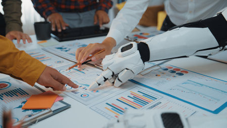 A dynamic scene in a modern office where humans and a robot collaborate over data analysis charts,...