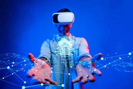 A person using virtual reality technology is captured in a dynamic pose, showcasing a digital...
