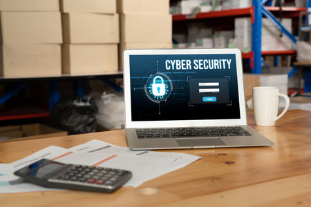 Cyber security system on computer screen protect private information snugly from hacker and cyber...