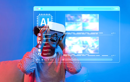 A joyful young person wearing a virtual reality headset interacts with an AI-driven interface on a computer screen, showcasing the future of digital experiences and technology.の写真素材