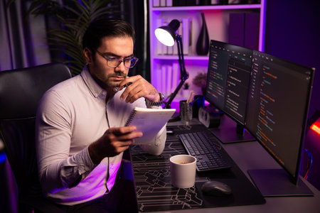 Smart IT developer working on software development coding on pc screen and reading note of newest...