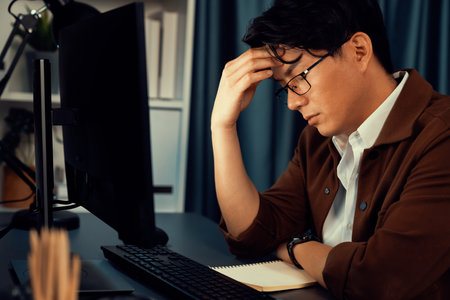 Smart businessman with stressful face working on pc to create business plan report over late night time at office, working on searching tool market planning new startup company project job. Infobahn.の写真素材