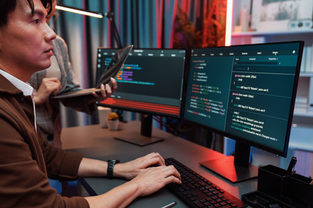 Serious of IT developers discussing intelligent website development coder system running data online...