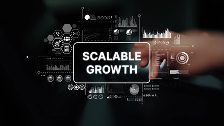 Modern Business Concept Illustrating Scalable Growth with Data Visualization and Graphs in Dark Environment. Asymptotic smart data analytic.の写真素材