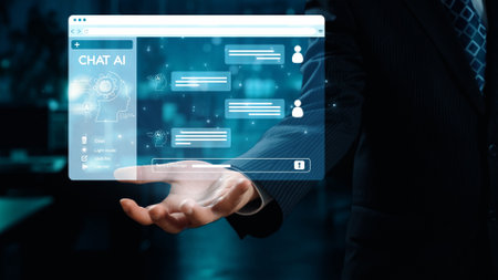 A professional showcases a futuristic AI chat interface in a business setting, highlighting...