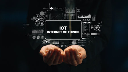 Futuristic Hands Holding Digital Interface with IoT Concept Representing Internet of Things Technology and Connectivity. Asymptotic smart data analytic.の写真素材