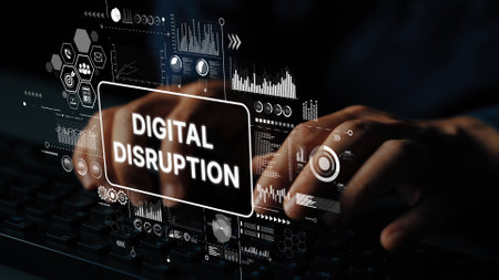 Hands Typing on Keyboard with Digital Disruption Graphics and Data Visualization Elements Emerging from Screen. Asymptotic smart data analytic.の写真素材