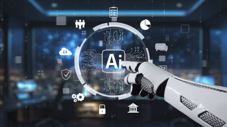 A robot hand interacts with AI technology in a modern digital workspace, surrounded by various data icons, showcasing innovation and the future of automation in business.の写真素材