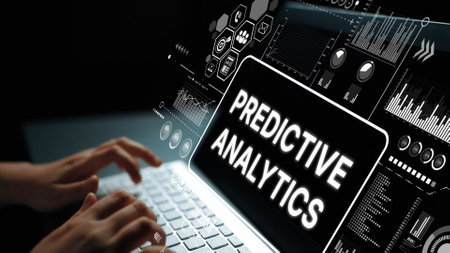 Futuristic Data Visualization with Hands Typing and Predictive Analytics Concept on a Laptop Screen. Asymptotic smart data analytic.の写真素材