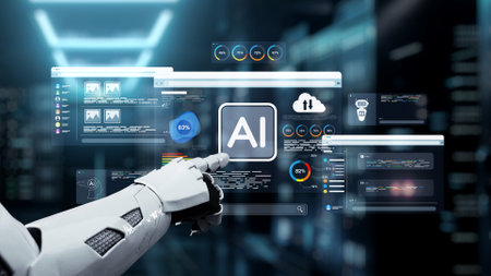 A robotic arm interacts with advanced AI technology on a digital display filled with data visualizations, representing future innovations in automation and analysis.の写真素材