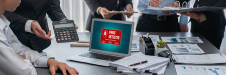Virus warning alert on computer screen detected brisk cyber threat , hacker, computer virus and malwareの写真素材