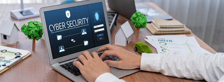 Cyber security system on computer screen protect private information brisk from hacker and cyber...