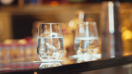 Closeup of cocktail or tonic serving to customer background on luxury counter bar at nightclub...