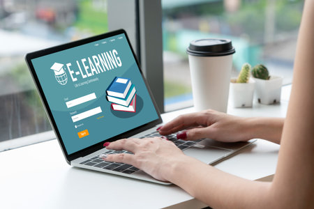 E-learning website with modish sofware for student to study online on the internet networkの写真素材