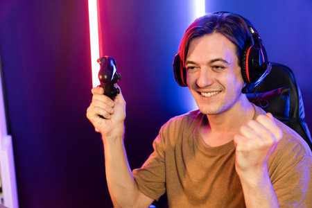Enjoy smart gaming streamer with control joystick, playing game online of live streaming social...