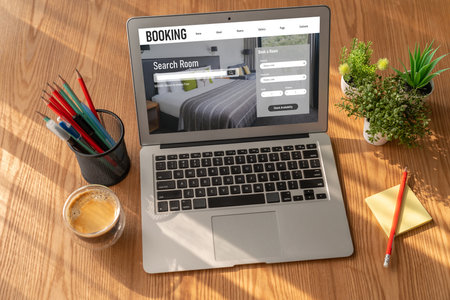 Online hotel accommodation booking website provide modish reservation system . Travel technology concept .