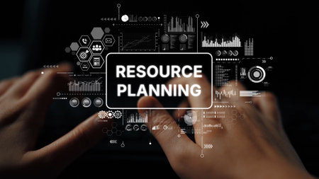 Hands Over Keyboard with Digital Graphics for Resource Planning and Management in Modern Business Environment. Asymptotic smart data analytic.の写真素材