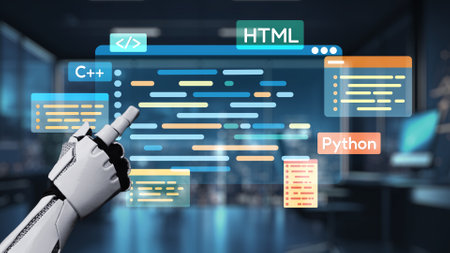 A robotic hand interacts with a holographic code interface displaying HTML, C, and Python, symbolizing the fusion of technology and programming in a modern workspace.の写真素材