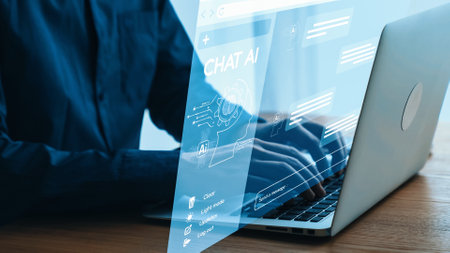 Hands typing on laptop keyboard with AI chat interface overlay, showcasing modern technology in communication and digital interaction in a professional setting.の写真素材