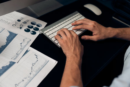Smart businessman analyzing business paragraph dynamic database marketing analysis plan surrounded...